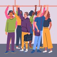 Cartoon Color Characters People Crowded Public Transport Concept. Vector