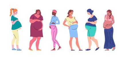 Cartoon Characters Pregnant Women Set. Vector