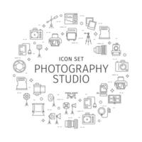 Photo and Photography Studio Round Design Template Thin Line Icon Banner. Vector