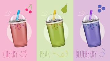 Realistic Detailed 3d Bubble Milk Tea Set. Vector