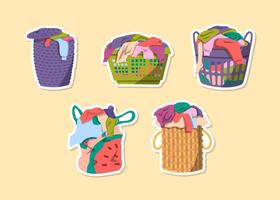 Cartoon Color Laundry Basket with Clothes Sticker Set. Vector