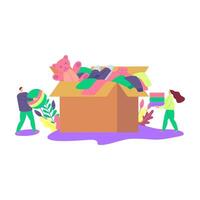 Cartoon Color Characters People and Cardboard Donation Box Concept. Vector