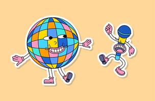 Cartoon Color Disco Ball and Microphone Retro Music Mascots Sticker Set. Vector