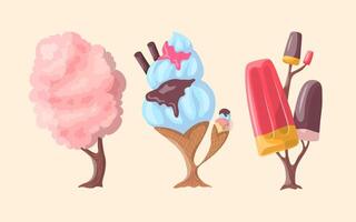 Cartoon Color Fantasy Candy Trees Set with Ice Cream and Cotton Candy. Vector