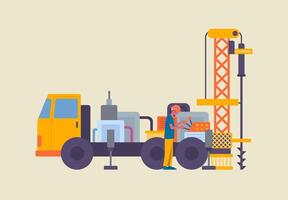 Cartoon Color Character Men Controlling Well Drilling Machine. Vector