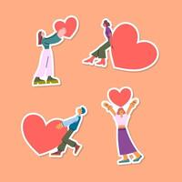 Cartoon Color Characters People Share Love Charity Sticker Concept. Vector