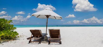 Beautiful tropical beach banner. White sand coco palms travel tourism wide panorama. Summer sea horizon, idyllic island nature scene. Amazing beach landscape. Luxury island resort vacation or holiday photo