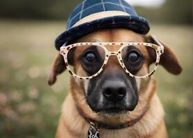 ai generado gracioso perro con sombrero y lentes foto