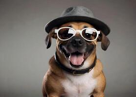 ai generado gracioso perro con sombrero y lentes foto