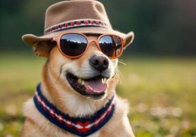 AI generated Funny dog with hat and glasses photo