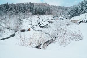 Beautiful view of Ginzan Onsen village with snow fall in winter season is most famous Japanese Hot Spring in Yamagata, Japan. photo