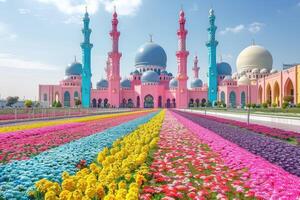 AI generated beautiful mosque against a pure serene and divine atmosphere professional photography photo