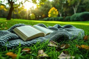 AI generated A blanket and a book under a tree in a sunny spring park professional photography photo