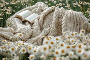 AI generated A blanket and a book under a tree in a sunny spring park professional photography photo