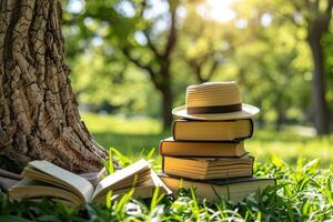 ai generado un cobija y un libro debajo un árbol en un soleado primavera parque profesional fotografía foto