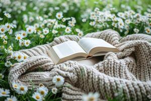 AI generated A blanket and a book under a tree in a sunny spring park professional photography photo