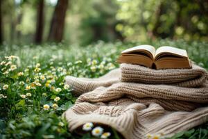 AI generated A blanket and a book under a tree in a sunny spring park professional photography photo