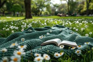 AI generated A blanket and a book under a tree in a sunny spring park professional photography photo