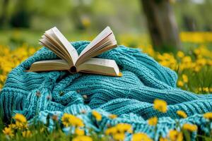 AI generated A blanket and a book under a tree in a sunny spring park professional photography photo
