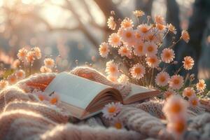 AI generated A blanket and a book under a tree in a sunny spring park professional photography photo