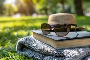 AI generated A blanket and a book under a tree in a sunny spring park professional photography photo