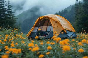 AI generated Camping freedom in the nature and having fun with spring wild flowers view photo