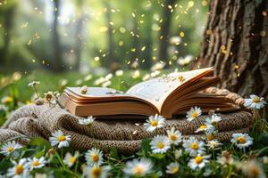 AI generated A blanket and a book under a tree in a sunny spring park professional photography photo