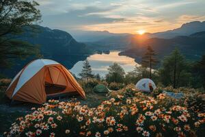 AI generated Camping freedom in the nature and having fun with spring wild flowers view photo