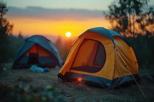 AI generated Camping freedom in the nature and having fun with spring wild flowers view photo