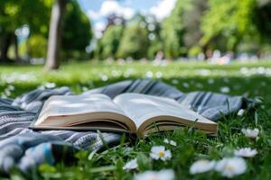 AI generated A blanket and a book under a tree in a sunny spring park professional photography photo