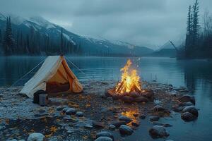 AI generated Camping freedom in the nature and having fun with spring wild flowers view photo