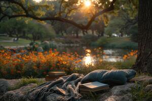 AI generated A blanket and a book under a tree in a sunny spring park professional photography photo