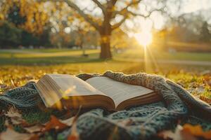 AI generated A blanket and a book under a tree in a sunny spring park professional photography photo
