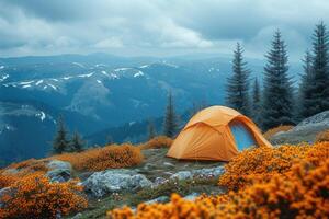 AI generated Camping freedom in the nature and having fun with spring wild flowers view photo