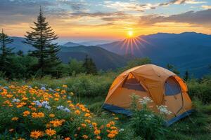 AI generated Camping freedom in the nature and having fun with spring wild flowers view photo