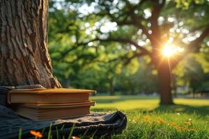 AI generated A blanket and a book under a tree in a sunny spring park professional photography photo