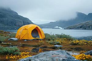 AI generated Camping freedom in the nature and having fun with spring wild flowers view photo