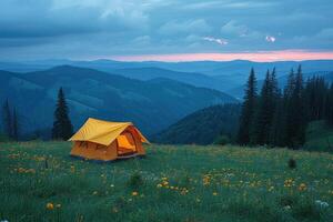 AI generated Camping freedom in the nature and having fun with spring wild flowers view photo