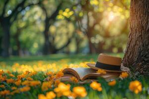 AI generated A blanket and a book under a tree in a sunny spring park professional photography photo