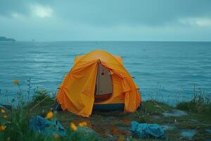 AI generated Camping freedom in the nature and having fun with spring wild flowers view photo