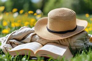 AI generated A blanket and a book under a tree in a sunny spring park professional photography photo