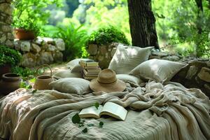 AI generated A blanket and a book under a tree in a sunny spring park professional photography photo