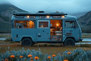 AI generated Camping freedom in the nature and having fun with spring wild flowers view photo