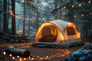 AI generated Camping freedom in the nature and having fun with spring wild flowers view photo