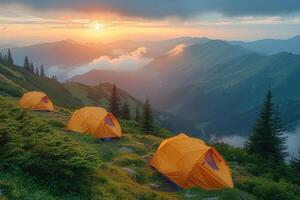 AI generated Camping freedom in the nature and having fun with spring wild flowers view photo