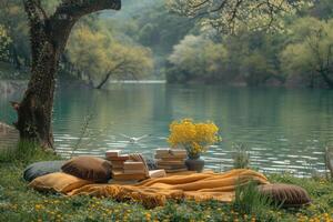 AI generated A blanket and a book under a tree in a sunny spring park professional photography photo