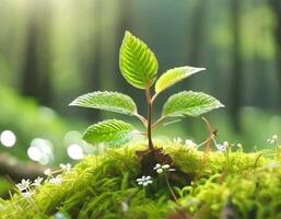 ai generado joven planta brotante en un lozano verde musgo cama en un iluminado por el sol bosque foto