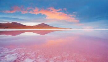 AI generated Radiant Sunset Reflection Over the Pink Waters of Salar De Uyuni, Bolivia photo