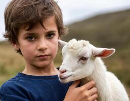 ai generado retrato de un chico con un adorable pequeño cabra en el prado. foto