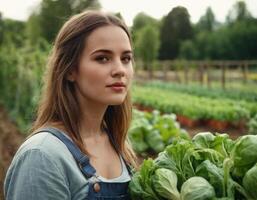 AI generated Portrait of a young woman with a harvest of vegetables in the garden. AI generation photo